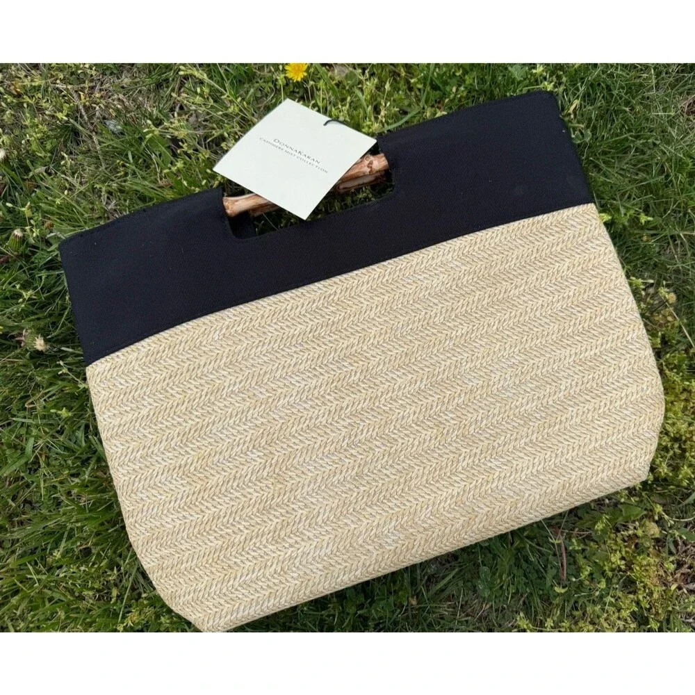 Donna Karan Cashmere Mist woven Straw Tote Bag / Hand bag Purse/ Bamboo Handle